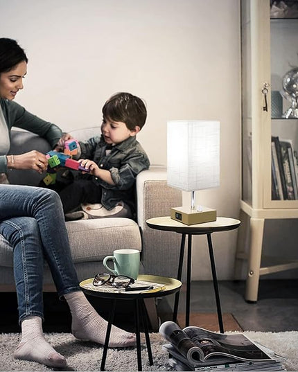 Small Table Lamp Set of 2 - Fully Dimmable Bedside Lamp for Bedroom Kids with USB C+A Ports & AC Outlet, Gold Nightstand Lamp for Home Office. Square Beige Fabric Shade Metal Base(LED Blubs Included). - LeafyLoom