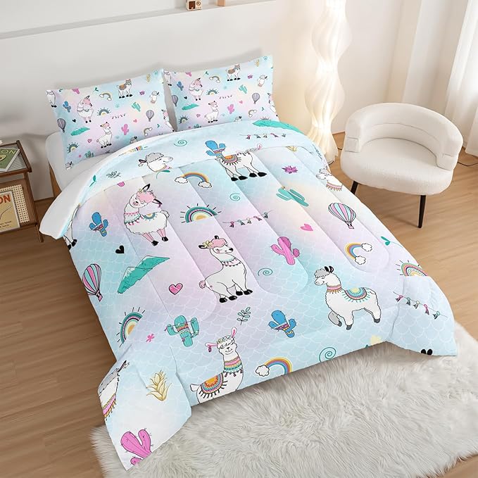 HOSIMA 3 Piece Cartoon Animal Llama Comforter,Cute Alpaca Toddler Comforter,Desert Cactus Plant Twin Bed in a Bag Sets for Adults Kids,Fish Scales Comforter Rainbow Twin Bedding Sets for Girls Boys. - LeafyLoom