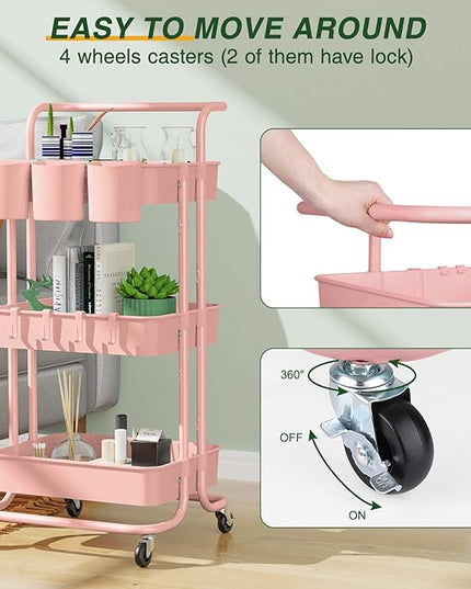 3-Tier Rolling Mobile Utility Cart with Hanging Cups & Hooks & Handle Multifunctional Organizer Storage Trolley Service Cart with Wheels Easy Assembly for Office, Bathroom, Kitchen(Pink) - LeafyLoom