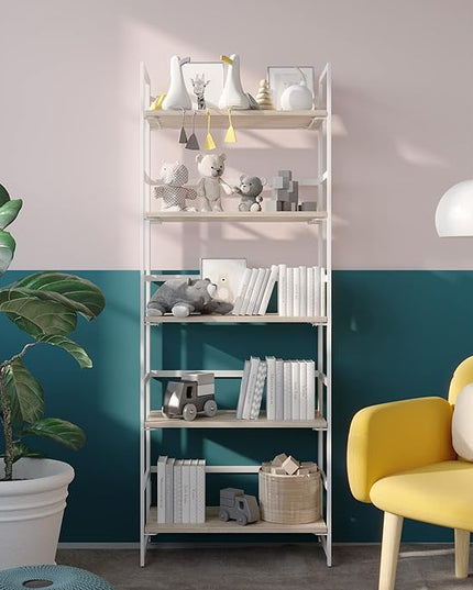 No-Assembly Folding Bookshelf Storage Shelves 5 Tiers Vintage Multifunctional Plant Flower Stand Storage Rack Shelves Bookcase for Home Office (White) - LeafyLoom