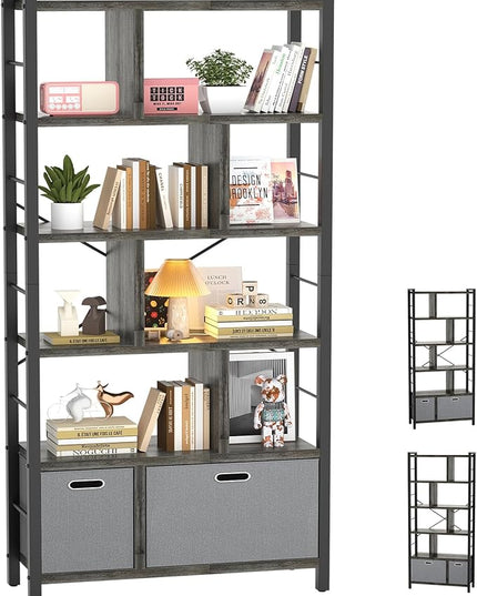 armocity 74 Inch Tall Bookshelf, 6 Tier Bookcase with Drawers, Modern Book Shelf Display Standing Shelf Units with Storage, Wood and Metal Bookshelves for Living Room, Bedroom, Home Office, Grey Oak - LeafyLoom