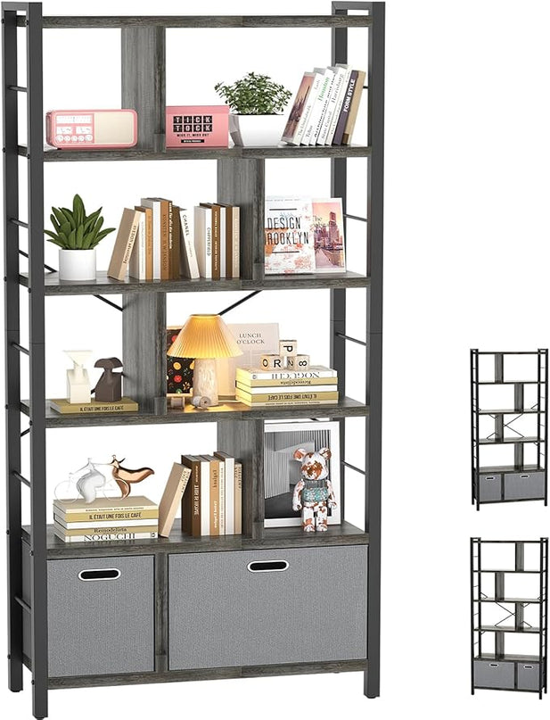 armocity 74 Inch Tall Bookshelf, 6 Tier Bookcase with Drawers, Modern Book Shelf Display Standing Shelf Units with Storage, Wood and Metal Bookshelves for Living Room, Bedroom, Home Office, Grey Oak - LeafyLoom