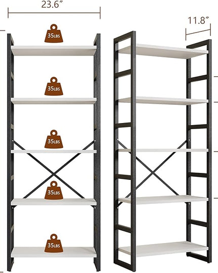 Shintenchi 5 Tiers Bookshelf, Classically Tall Bookcase Shelf, Industrial Book Rack, Modern Book Holder in Bedroom/Living Room/Home/Office, Storage Rack Shelves for Books/Movies,White - LeafyLoom
