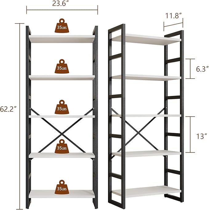 Shintenchi 5 Tiers Bookshelf, Classically Tall Bookcase Shelf, Industrial Book Rack, Modern Book Holder in Bedroom/Living Room/Home/Office, Storage Rack Shelves for Books/Movies,White - LeafyLoom