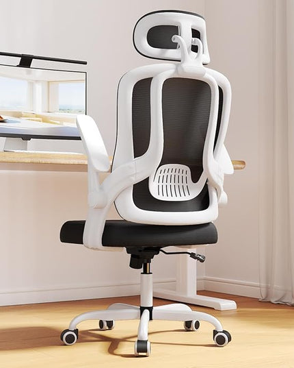 Home Office Desk Chairs, High Back Ergonomic Computer Chair with Flip-up Armrests, Lumbar Support, Mesh Executive Task Chair with Adjustable Headrest, White - LeafyLoom