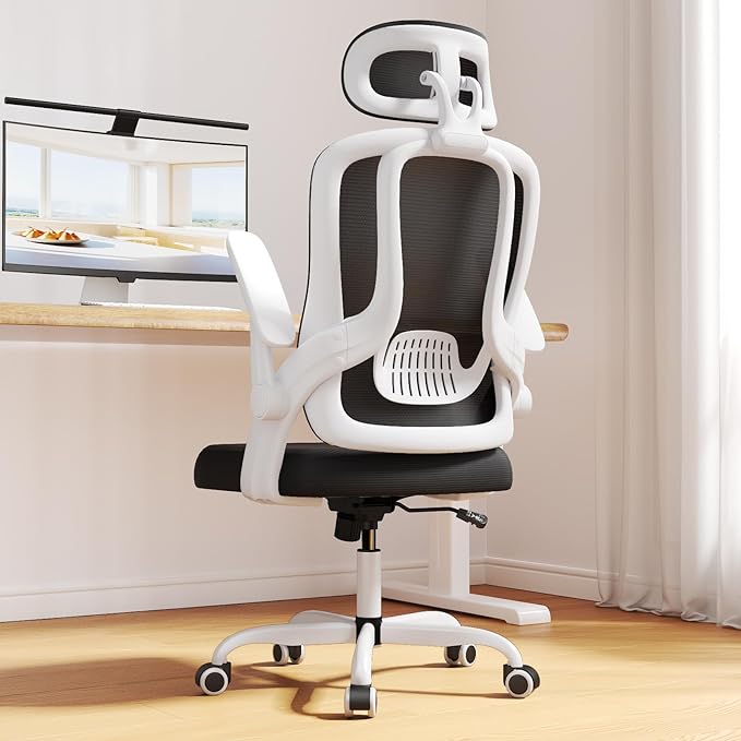 Home Office Desk Chairs, High Back Ergonomic Computer Chair with Flip-up Armrests, Lumbar Support, Mesh Executive Task Chair with Adjustable Headrest, White - LeafyLoom