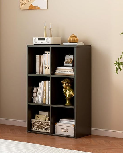 6-Cube Storage Shelf Bookcase - Wooden 3-Tier Floor Standing Open Bookshelf for Home and Office, Display Cabinet, Black - LeafyLoom