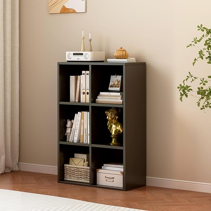 6-Cube Storage Shelf Bookcase - Wooden 3-Tier Floor Standing Open Bookshelf for Home and Office, Display Cabinet, Black - LeafyLoom