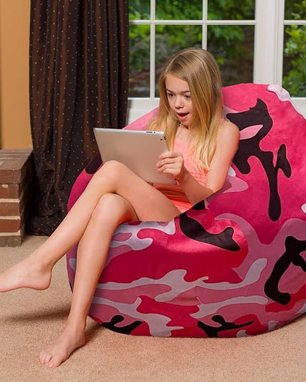 Posh Creations Bean Bag Chair for Kids, Teens, and Adults Includes Removable and Machine Washable Cover, Soft Nylon - Camo Pink and Black, 48in - X-Large - LeafyLoom