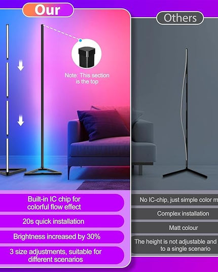 MIHEAL RGB Corner Floor Lamp, 56" Color Changing LED Corner Lamp with APP Control, Modern Standing Lamp with Music Sync and 16 Million DIY Colors, Heavy Base for Bedroom Living Room Gaming Room - LeafyLoom
