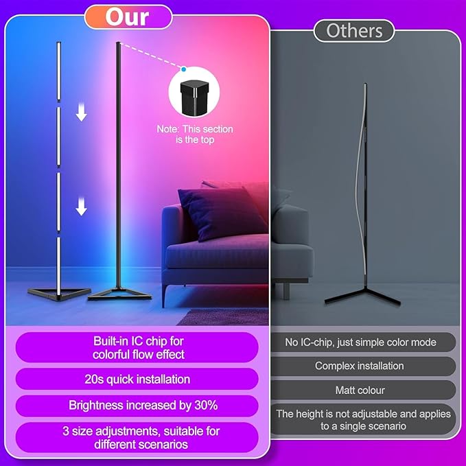 MIHEAL RGB Corner Floor Lamp, 56" Color Changing LED Corner Lamp with APP Control, Modern Standing Lamp with Music Sync and 16 Million DIY Colors, Heavy Base for Bedroom Living Room Gaming Room - LeafyLoom