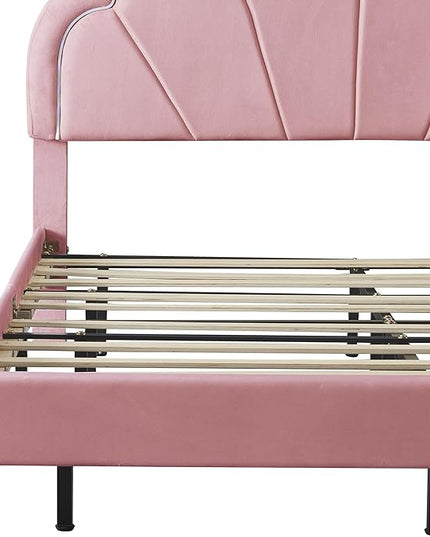 Queen Upholstered Smart LED Bed Frame with Elegant Flowers Headboard, Floating Velvet Platform LED Bed with Wooden Slats Support, No Box Spring Needed, Easy Assembly, Pink - LeafyLoom