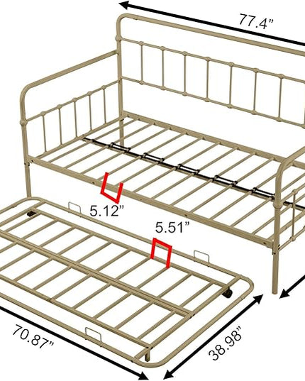 Twin Size Bed W/Slats,Metal Frame Daybed with Trundle & Anti-Noise Design,Space-Saving,Easy to Install,for Living Room Bedroom Apartment,Bronze - LeafyLoom