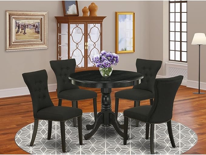 East West Furniture ANGA5-ABK-24 5 Piece Set for 4 Includes a Round Kitchen Table with Pedestal and 4 Black Linen Fabric Parsons Dining Chairs - LeafyLoom