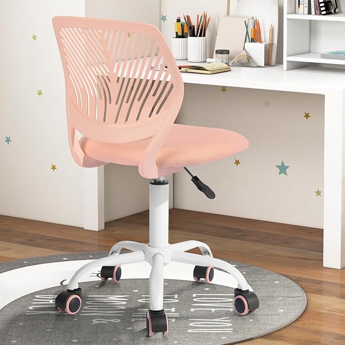 FurnitureR Desk Chair Small Study Chairs Armless for Child Kids Teens, Swivel Rolling Lightweight Task Chair with Wheels and Mesh Padded Cushion, Orange Rose - LeafyLoom