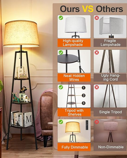 OUTON Tripod Floor Lamp with Shelves, Modern Shelf Floor Lamp with Remote, 4 Color Temperature, Dimmable Tall Standing Corner Lamp with Beige Linen Texture Shade for Living Room, Bedroom, Office - LeafyLoom