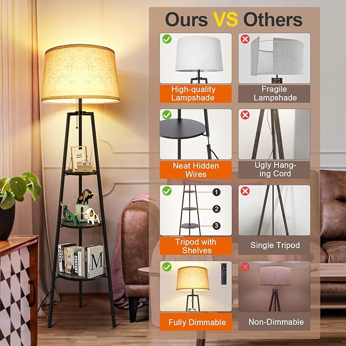 OUTON Tripod Floor Lamp with Shelves, Modern Shelf Floor Lamp with Remote, 4 Color Temperature, Dimmable Tall Standing Corner Lamp with Beige Linen Texture Shade for Living Room, Bedroom, Office - LeafyLoom