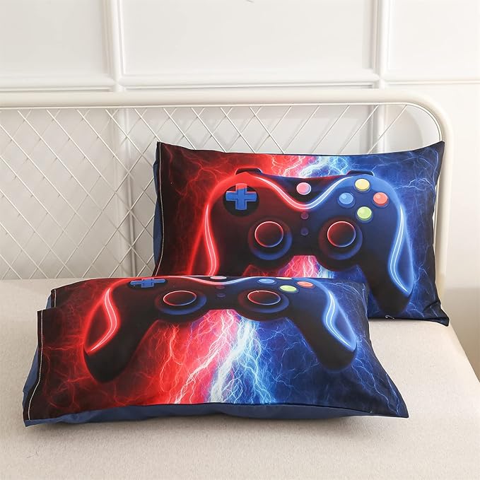 Meeting Story Gamer Gaming Bedding Sets Tie Dye Lightnings Gamepad Comforter Set for Boys Games Console Action Buttons Novelty Colorful Modern Room Decor Home Quilt Set (Twin, Red-Blue) - LeafyLoom