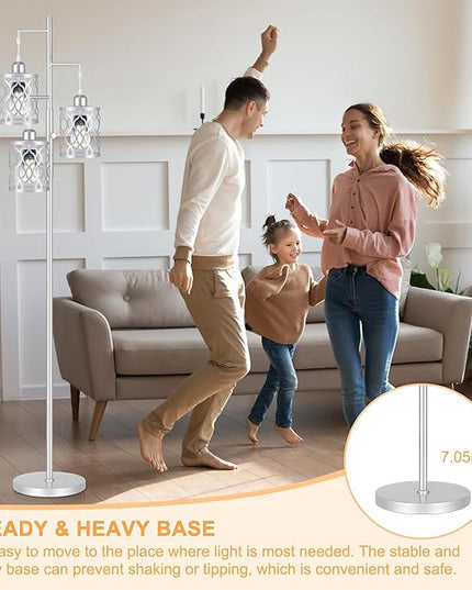 68" Farmhouse floor lamp, Dimmable Industrial Floor Lamps for Living Room, 3 Light Rustic Standing Tall Lamp Including 3 PCS 6W Edison Bulbs, Tree Floor Lamp for Bedrooms Room, Office, Bar, Silver - LeafyLoom