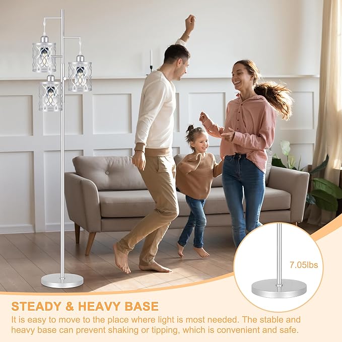 68" Farmhouse floor lamp, Dimmable Industrial Floor Lamps for Living Room, 3 Light Rustic Standing Tall Lamp Including 3 PCS 6W Edison Bulbs, Tree Floor Lamp for Bedrooms Room, Office, Bar, Silver - LeafyLoom