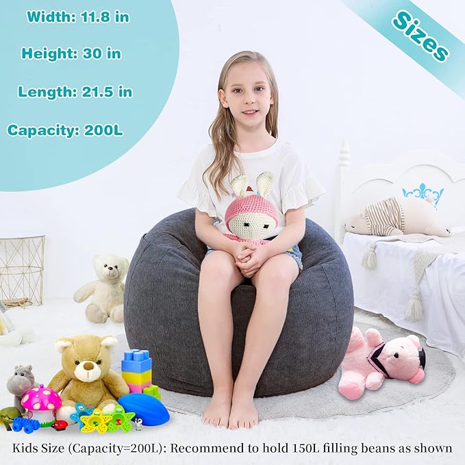 Stuffed Animal Storage Bean Bag Chair Cover (No Filler) for Kids and Adults.Soft Premium Corduroy Stuffable Beanbag for Organizing Children Plush Toys or Memory Foam Small 100L (Dark Grey) - LeafyLoom