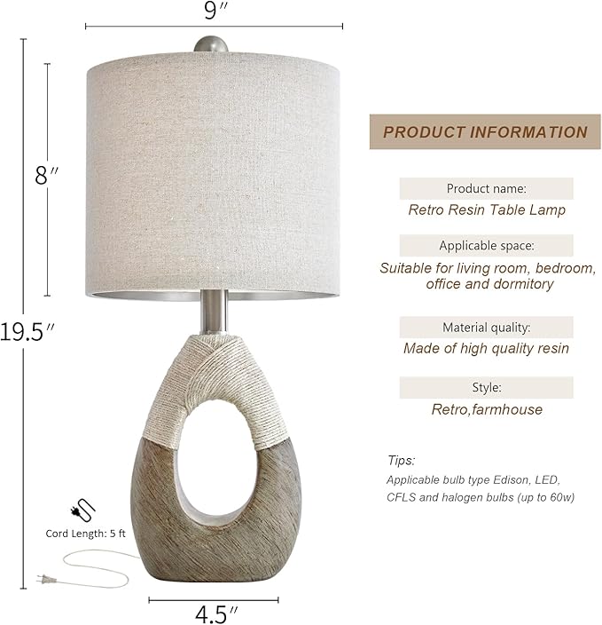 OYEARS Boho Table Lamps Bedroom Living Room Set 2 Sleeping and Reading,Small Farmhouse RattanTable Lamp 19”Rustic Egg Design Resin Light Decoration,Nightstand Bedside Lamps for Office Study Rest - LeafyLoom