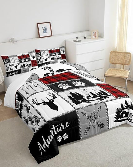 Deer Antlers Comforter Set Queen Size,Bear Paws Pine Trees Xmas Bedding Set for Kids Boys Girls Adults Room Decor,Lattices Patchwork Rustic Farmhouse Down Comforter,Red Duvet Insert,2 Pillowcases - LeafyLoom