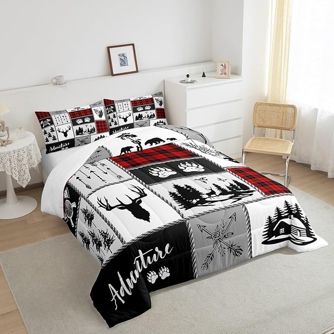 Deer Antlers Comforter Set Queen Size,Bear Paws Pine Trees Xmas Bedding Set for Kids Boys Girls Adults Room Decor,Lattices Patchwork Rustic Farmhouse Down Comforter,Red Duvet Insert,2 Pillowcases - LeafyLoom