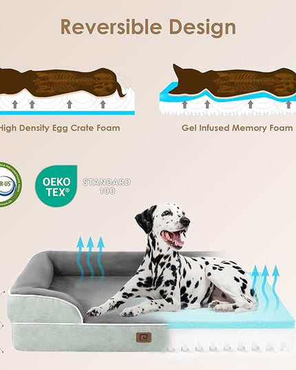 EHEYCIGA Orthopedic Dog Beds for Large Dogs, Waterproof Memory Foam Large Dog Bed with Sides, Non-Slip Bottom and Egg-Crate Foam Large Dog Couch Bed with Washable Removable Cover, Greyish Green EHEYCIGA
