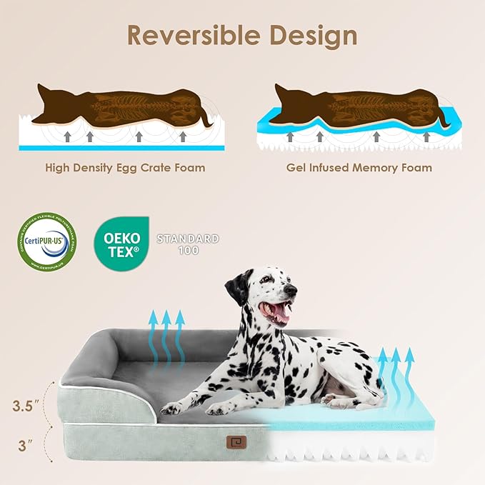 EHEYCIGA Orthopedic Dog Beds for Large Dogs, Waterproof Memory Foam Large Dog Bed with Sides, Non-Slip Bottom and Egg-Crate Foam Large Dog Couch Bed with Washable Removable Cover, Greyish Green EHEYCIGA