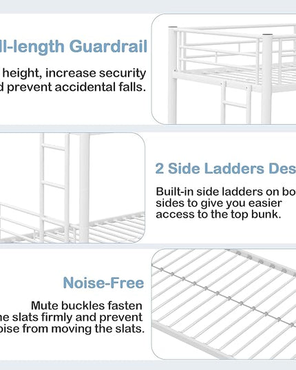 VECELO Twin Over Twin Bunk Bed with Trundle, Metal Bunkbeds with Ladder and Full-Length Guardrail, Noise Free, No Box Spring Needed, Off White - LeafyLoom