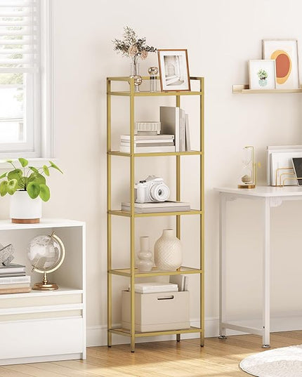 HOOBRO 5-Tier Gold Bookcase, Tempered Glass Bookshelves, Slim Shelving Unit for Living Room, Narrow Bookshelf for Small Spaces, Storage Rack Display Shelf for Home Office, Gold GD45SJ01 - LeafyLoom