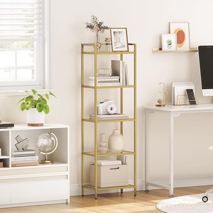 HOOBRO 5-Tier Gold Bookcase, Tempered Glass Bookshelves, Slim Shelving Unit for Living Room, Narrow Bookshelf for Small Spaces, Storage Rack Display Shelf for Home Office, Gold GD45SJ01 - LeafyLoom