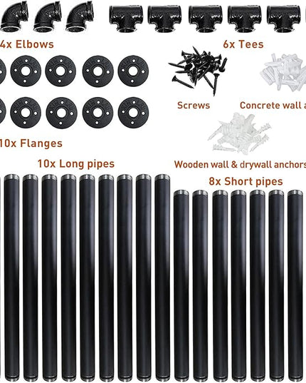 HITOMEN Industrial Iron Pipe Shelves, 2 Set 5-Tier, 56" Tall, 12" Depth, DIY Open Bookshelf Bookcase, Wall Mounted Vintage Retro Shelving, Rustic Farmhouse Pantry Kitchen Storage, Black Shelf Brackets - LeafyLoom