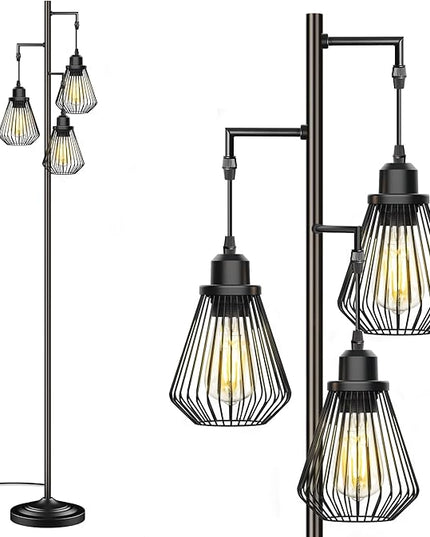 Industrial Floor Lamps for Living Room, Farmhouse Standing Lamp with 3 Hanging Teardrop Cage Shades, 68" Modern Rustic Tree Tall Lamps with Pedal Switch for Bedroom Office Home Light Decor, Black - LeafyLoom