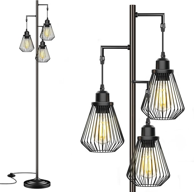 Industrial Floor Lamps for Living Room, Farmhouse Standing Lamp with 3 Hanging Teardrop Cage Shades, 68" Modern Rustic Tree Tall Lamps with Pedal Switch for Bedroom Office Home Light Decor, Black - LeafyLoom