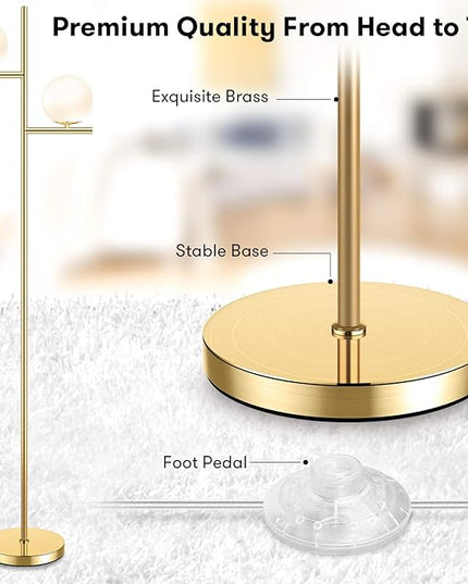 Mid Century Floor Lamp - 2 Globe Modern Standing Lamp with Foot Pedal, Frosted Glass Stand Up Lights for Living Room, Bedroom, Office, Contemporary LED Antique Brass|Gold Tall Pole Light Indoor - LeafyLoom
