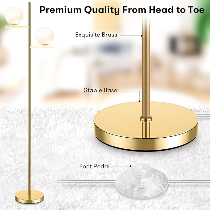 Mid Century Floor Lamp - 2 Globe Modern Standing Lamp with Foot Pedal, Frosted Glass Stand Up Lights for Living Room, Bedroom, Office, Contemporary LED Antique Brass|Gold Tall Pole Light Indoor - LeafyLoom