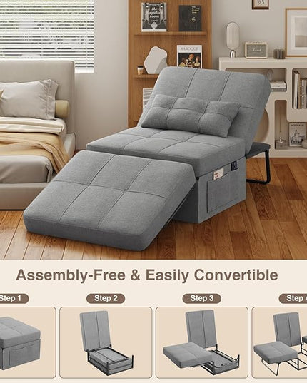 Aiho 4 in 1 Chair Bed, Sleeper Sofa Bed Convertible Chair, Assembly-Free Sofa Chair Bed with Adjustable Backrest Breathable Linen, for Living Room Apartment Office, Light Grey - LeafyLoom