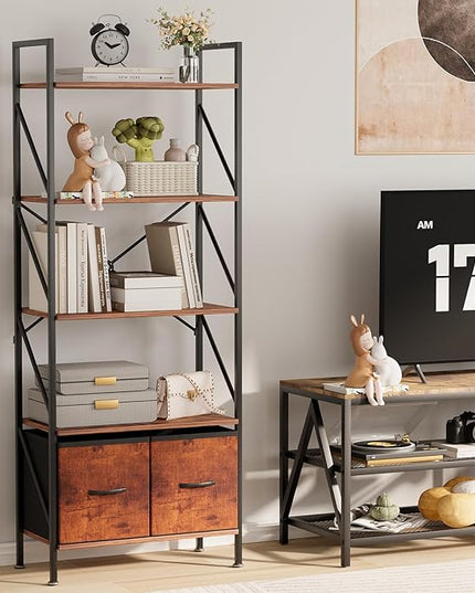 5 Tier Bookshelf Bookcase with 2 Drawer,Tall Book Shelf Display Standing Shelf Units,Wood Book Rack Shelves Storage Organizer for Bedroom Home Office Kitchen Living Room, 22.4 in(Rust Brown,2 Drawers) - LeafyLoom