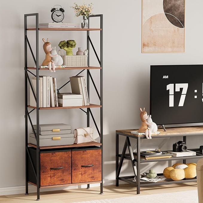 5 Tier Bookshelf Bookcase with 2 Drawer,Tall Book Shelf Display Standing Shelf Units,Wood Book Rack Shelves Storage Organizer for Bedroom Home Office Kitchen Living Room, 22.4 in(Rust Brown,2 Drawers) - LeafyLoom