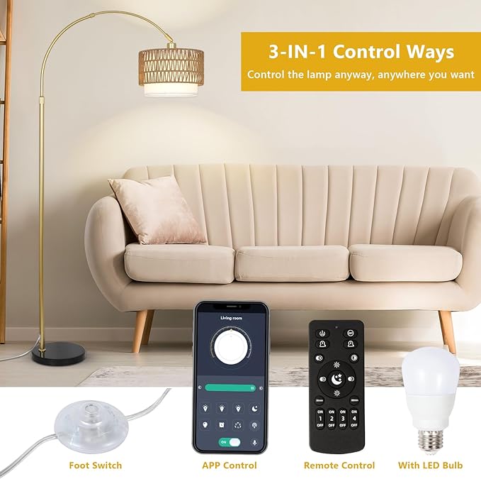 Arc Floor Lamp for bedroom with Rattan & Linen Shades, Gold Floor Lamp with Remote & Dimming Bulb, Rustic Standing Lamp with 3 Color Temperatures, Adjustable Height Farmhouse Tall Lamp for Living Room - LeafyLoom