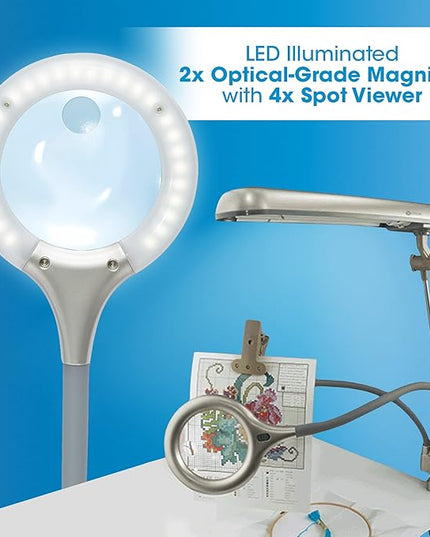 OttLite Ultimate 3-in-1 Craft Lamp, (Floor, Table and Clamp-On Lamp) 24w Energy Efficient Light Bulb for Bright Natural Daylight - Built-in Outlet, Adjustable Neck, 2X Magnifier & Versatile Height - LeafyLoom