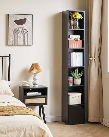 IBUYKE 6 Tier Tall Narrow Bookcase, Modern Black Corner Bookcase with Doors Storage,Cube Media Tower Rack,Cabinet,Floor Standing Display Storage Shelves for Small Spaces,for Home Office Black UWBC001B - LeafyLoom