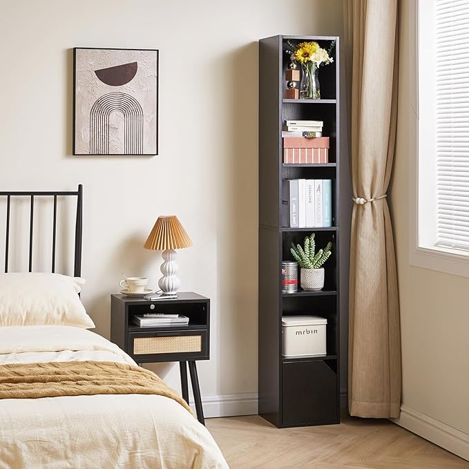 IBUYKE 6 Tier Tall Narrow Bookcase, Modern Black Corner Bookcase with Doors Storage,Cube Media Tower Rack,Cabinet,Floor Standing Display Storage Shelves for Small Spaces,for Home Office Black UWBC001B - LeafyLoom