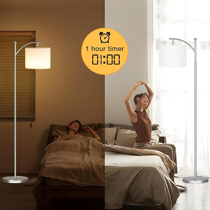 Ambimall Floor Lamp with Remote Control and Stepless Dimmable Bulb, Colors Temperature & Brightness Adjustable, Modern Floor Lamps for Living Room（White Shade & Silver Pole） - LeafyLoom