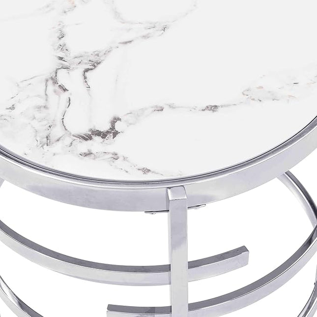 Round Coffee Table Coffee Tables for Living Room Sintered Stone Marble Top Sturdy Metal Frame (Silver, 20.67 inches) - LeafyLoom