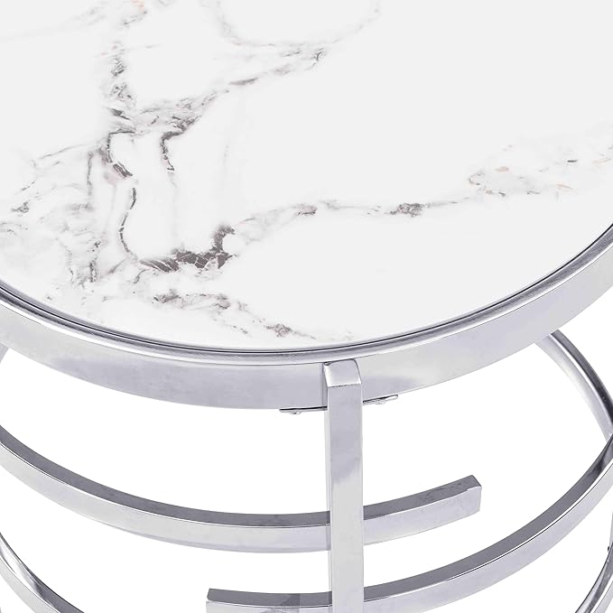 Round Coffee Table Coffee Tables for Living Room Sintered Stone Marble Top Sturdy Metal Frame (Silver, 20.67 inches) - LeafyLoom