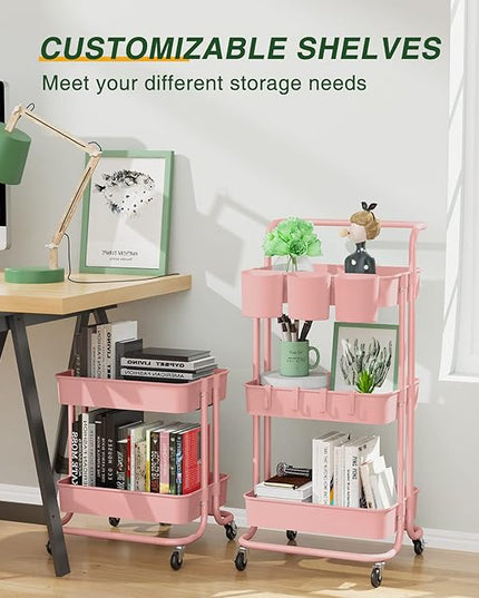 3-Tier Rolling Mobile Utility Cart with Hanging Cups & Hooks & Handle Multifunctional Organizer Storage Trolley Service Cart with Wheels Easy Assembly for Office, Bathroom, Kitchen(Pink) - LeafyLoom