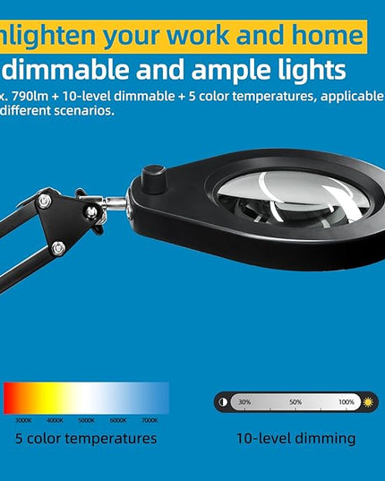 Magnifying Glass with Light and Clamp, 10X Real Glass / 2.5'' Opening Clamp/Lighted Magnifying Glass in 5-Color 10-Level Dimmable/Postioned by Swing Arm/for Close Work Hobbies Precision Tasks - LeafyLoom